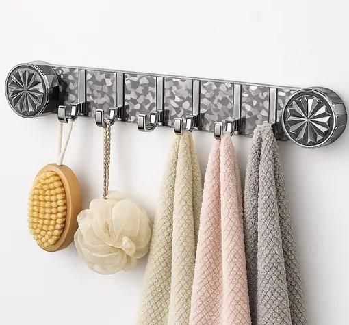 Plastic Wall Hook Rack 5 Chrome Hooks with Floral End Caps