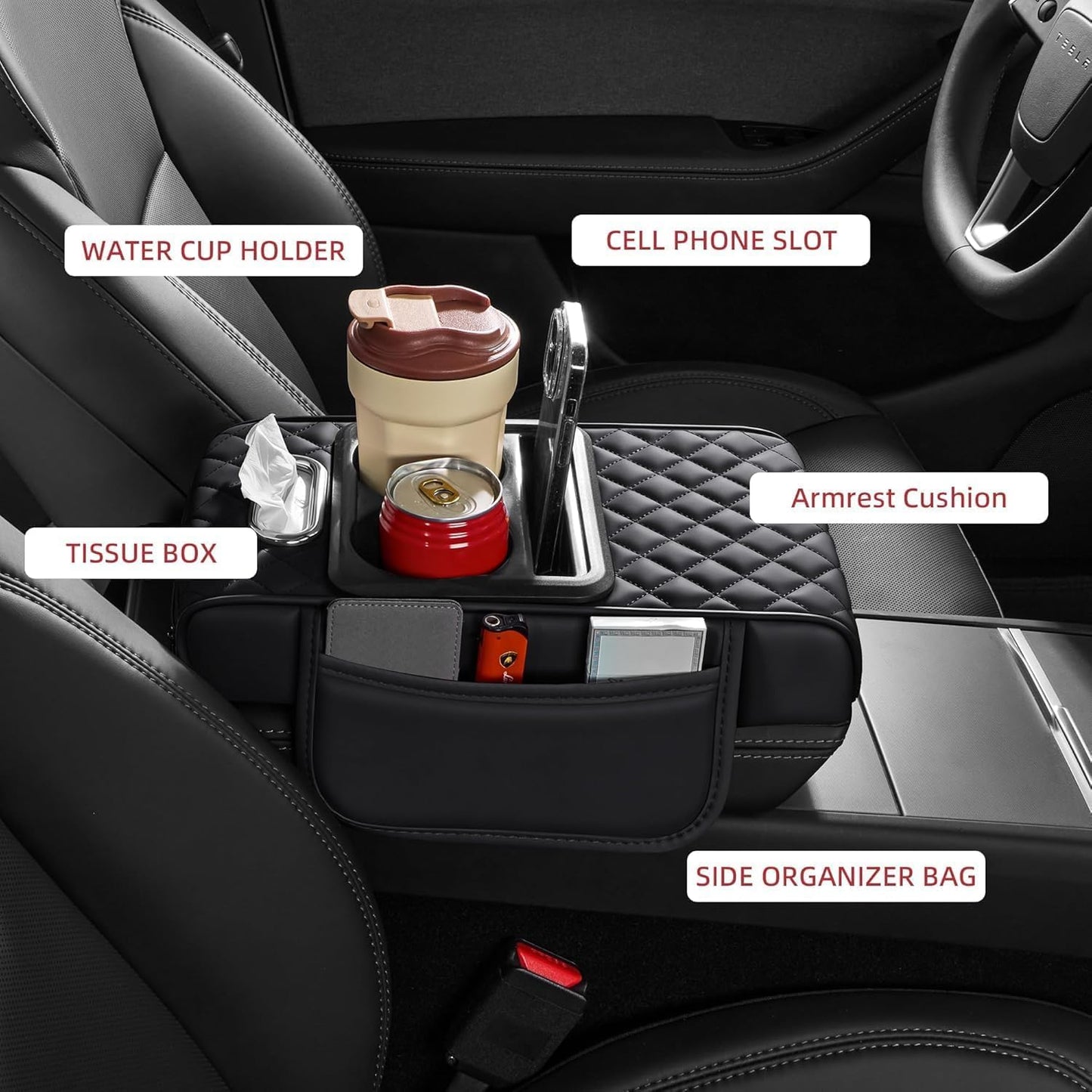 5-in-1 Car Arm Rest Cushion with Cup Holder Premium Cushion Organizer