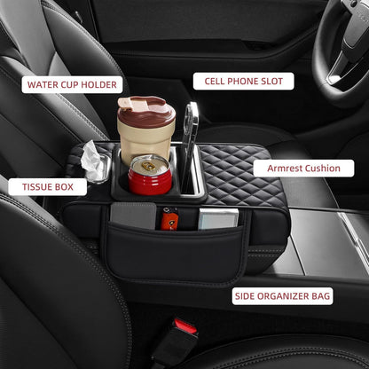 5-in-1 Car Arm Rest Cushion with Cup Holder Premium Cushion Organizer