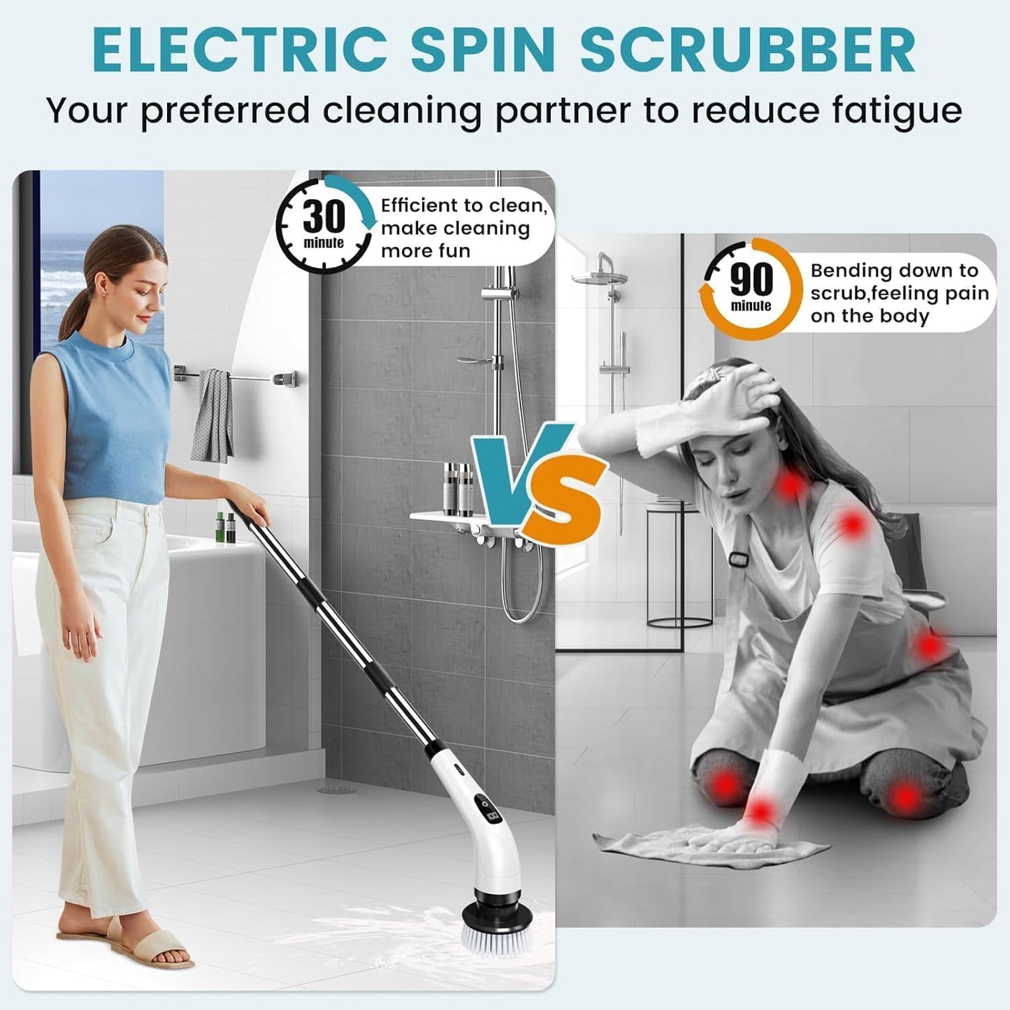 9-in-1 Cordless Electric Spin Scrubber Brush Heads, Adjustable Handle & Dual Speed | Bathroom, Floor, Tile & Car Cleaning Brush