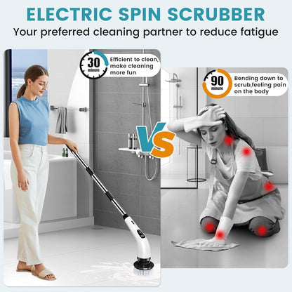 9-in-1 Cordless Electric Spin Scrubber Brush Heads, Adjustable Handle & Dual Speed | Bathroom, Floor, Tile & Car Cleaning Brush