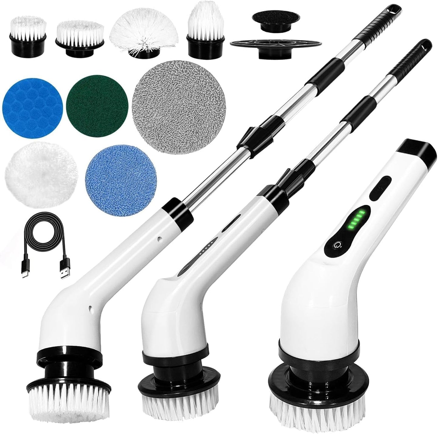 9-in-1 Cordless Electric Spin Scrubber Brush Heads, Adjustable Handle & Dual Speed | Bathroom, Floor, Tile & Car Cleaning Brush