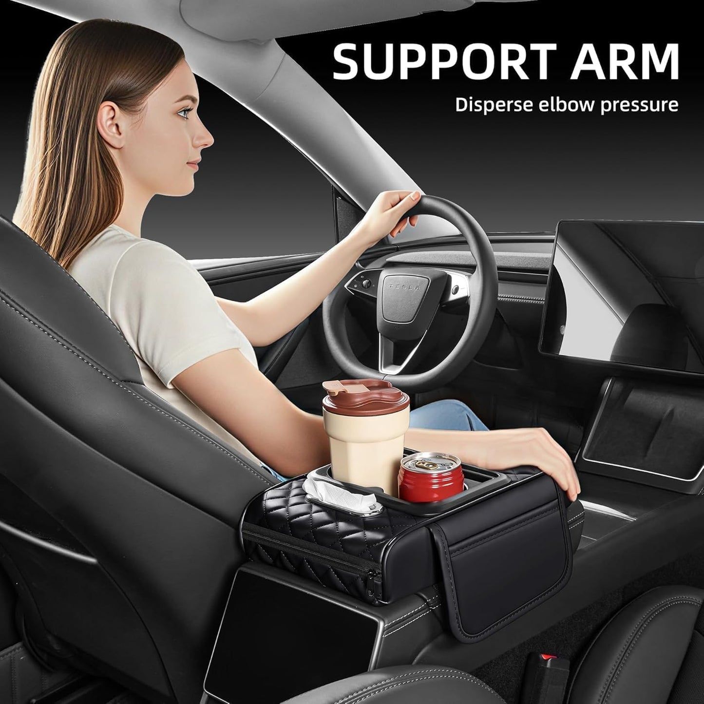 5-in-1 Car Arm Rest Cushion with Cup Holder Premium Cushion Organizer