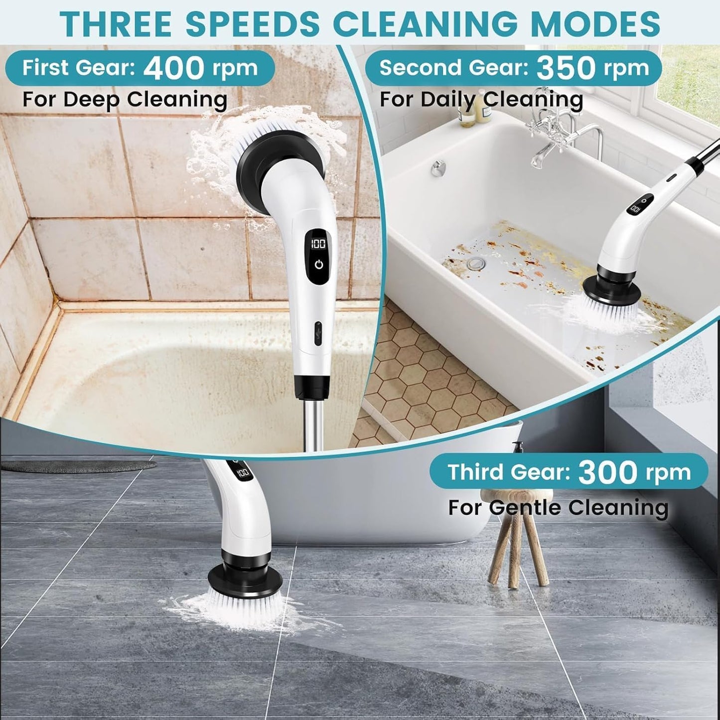 9-in-1 Cordless Electric Spin Scrubber Brush Heads, Adjustable Handle & Dual Speed | Bathroom, Floor, Tile & Car Cleaning Brush