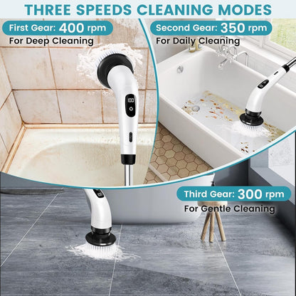 9-in-1 Cordless Electric Spin Scrubber Brush Heads, Adjustable Handle & Dual Speed | Bathroom, Floor, Tile & Car Cleaning Brush